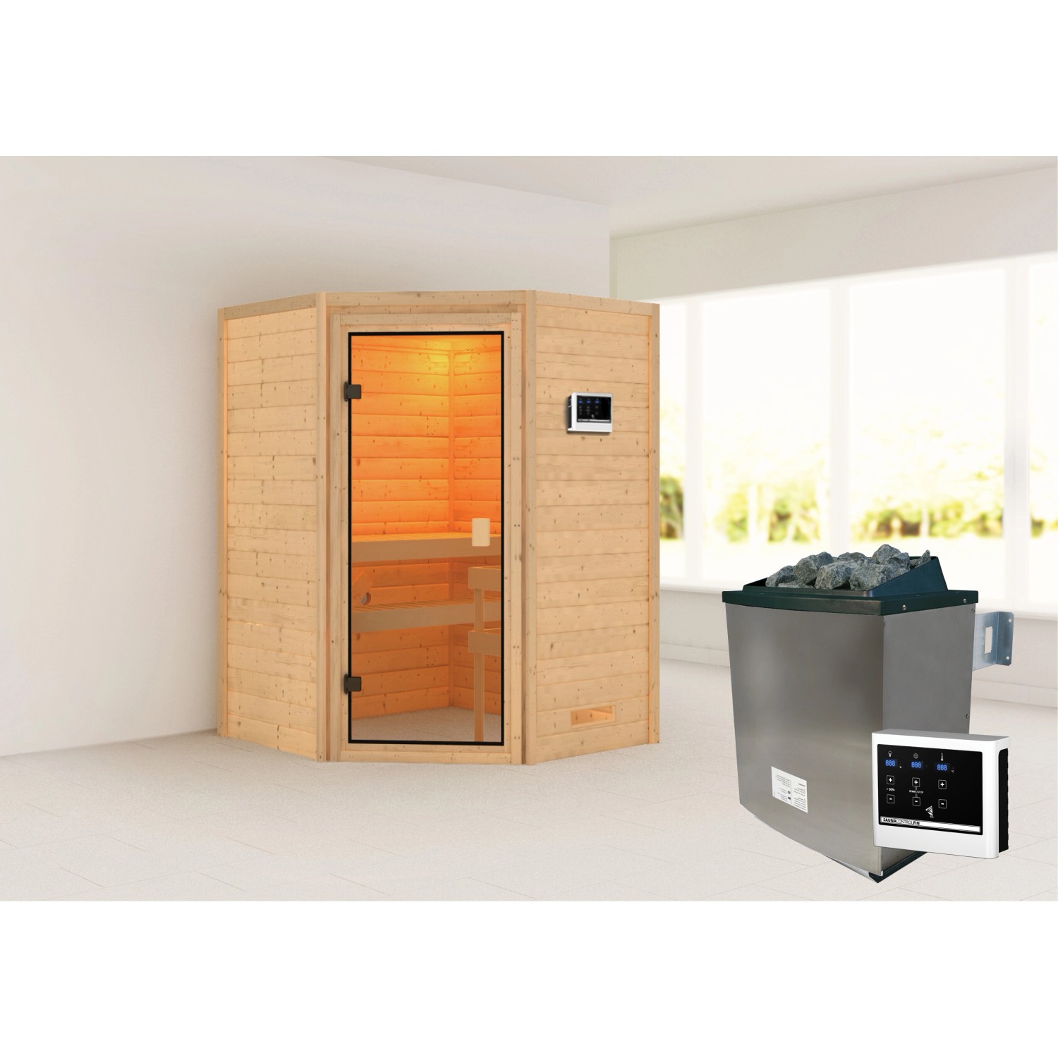 Woodfeeling Sauna Antonia mit Ofen und Steuerung. Massivholzsauna mit Glastür und Inneneinrichtung.