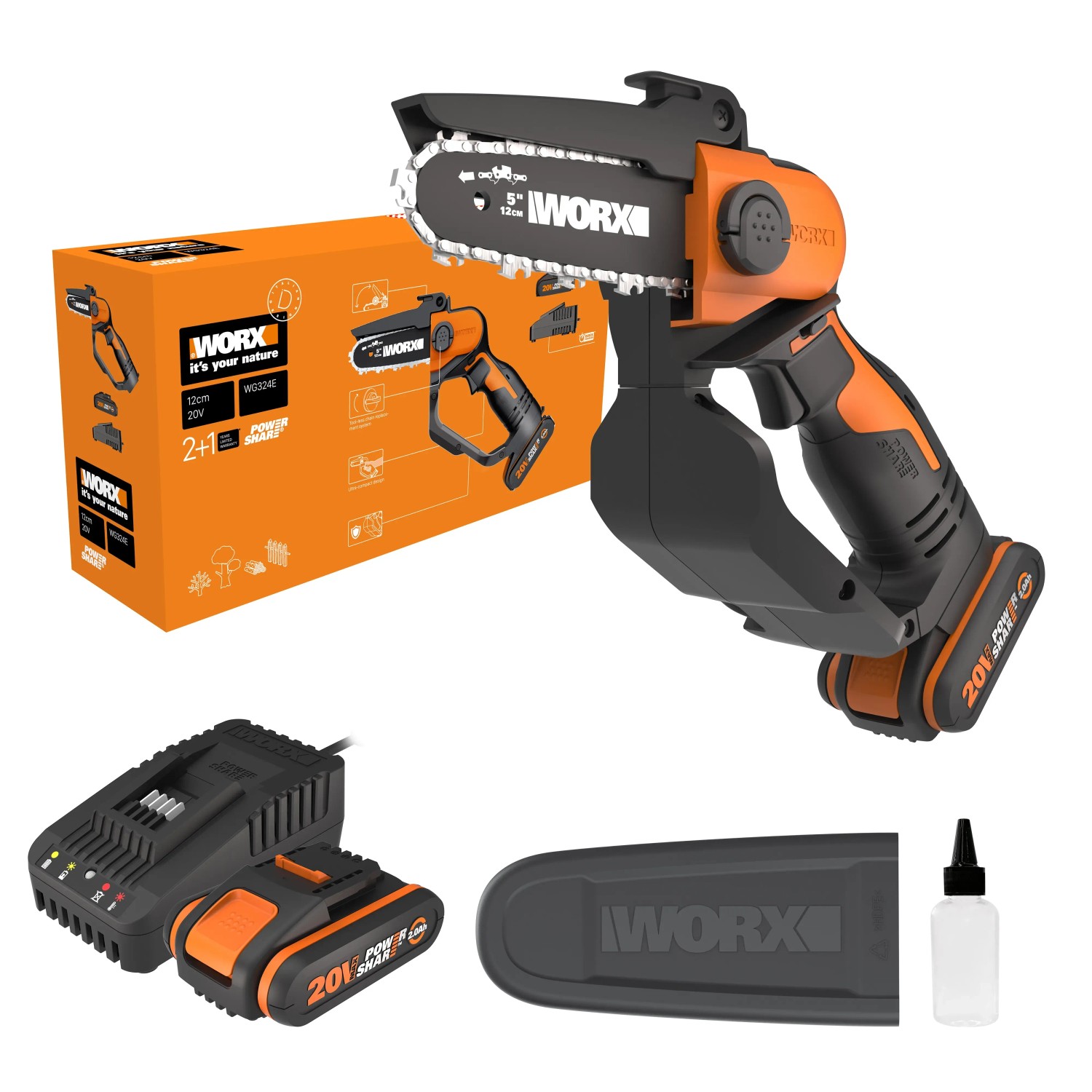 Worx Akku-Astkettensäge WG324E 20V: Einhand-Kettensäge mit Akku, Ladegerät und Zubehör.