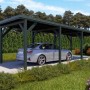 Holzbrüder Einzelcarport Ralf, chromoxidgrün mit Blechdach, Auto steht im Carport.