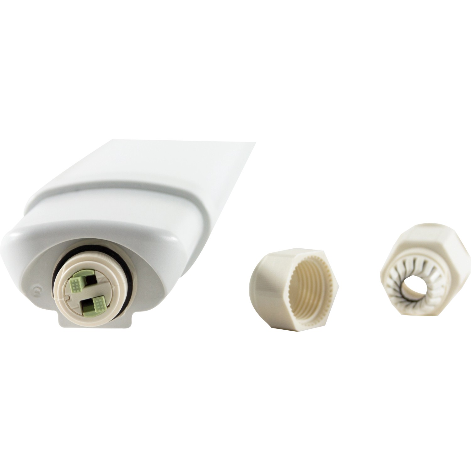 Detailaufnahme: Weiße REV LED-Feuchtraumleuchte Super Slim 150cm mit Zubehör.