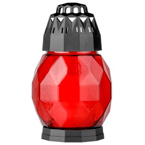 Rote Bolsius Grablaterne Diamond mit Facettenschliff und schwarzem Deckel, 17,8 cm hoch.