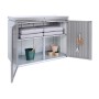 Offene Biohort HighBoard 160 Gartenbox in Quarzgrau-Metallic mit Regalen und Gartenzubehör.