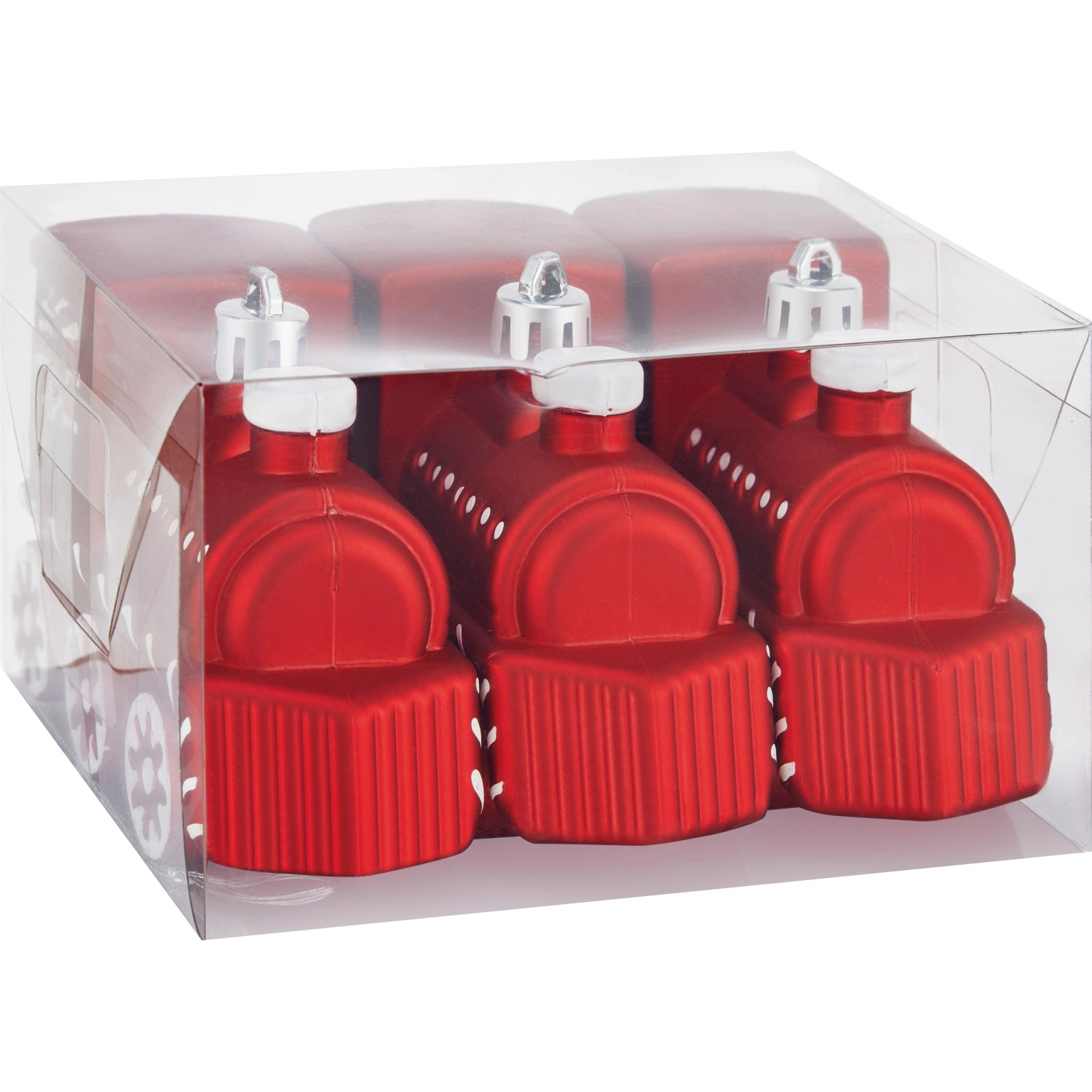 Baumschmuck-Set: 3 rote Lokomotiven aus Kunststoff für den Weihnachtsbaum.