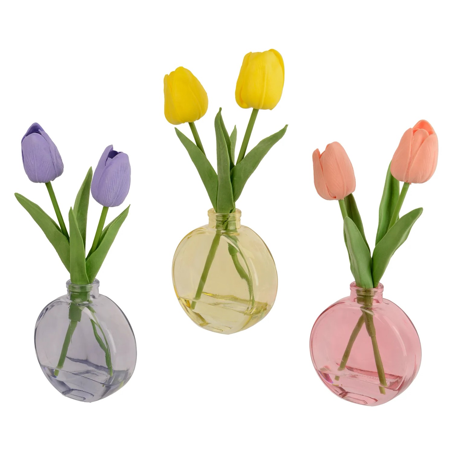 Dekorative Tulpen aus EVA im Topf, 3-fach sortiert in Lila, Gelb und Orange.
