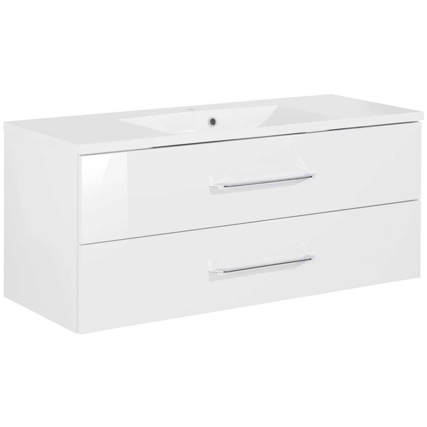 Fackelmann Einzelwaschtisch B.Clever, 120 cm, Weiß Hochglanz mit zwei Schubladen und Mineralgussbecken.