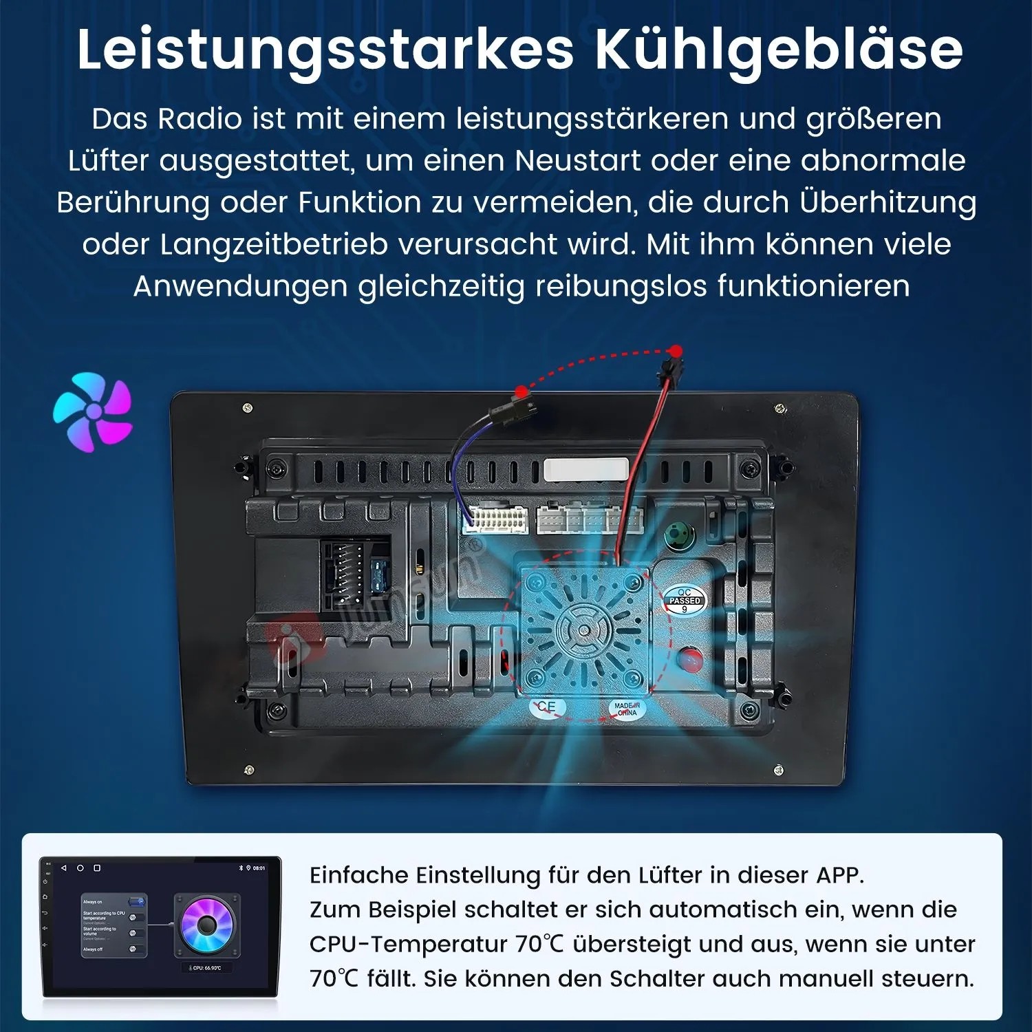 Junsun 9 Zoll Autoradio für Ford Focus 2: Rückseite mit leistungsstarkem Kühlgebläse gegen Überhitzung.