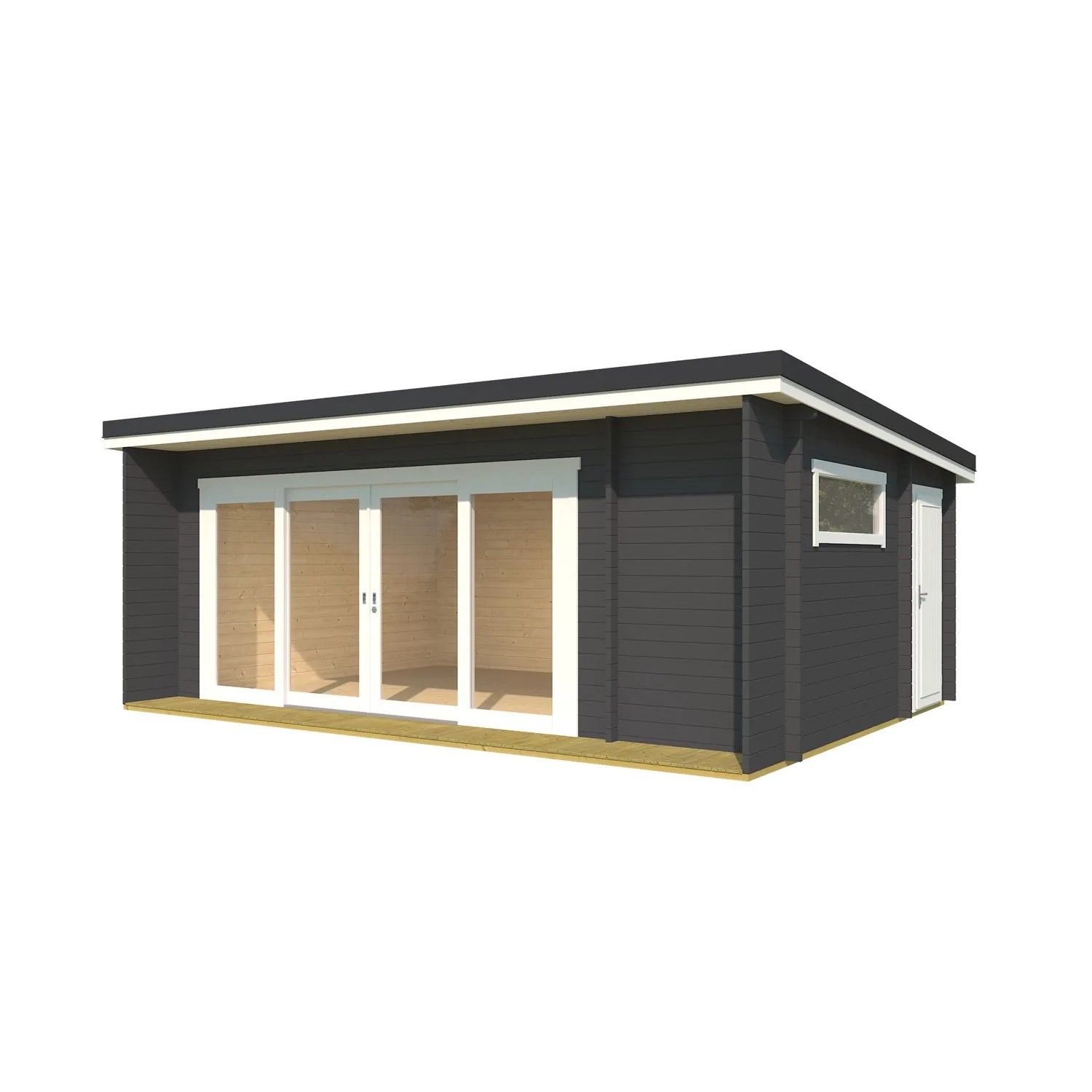 Modernes, carbongraues Lasita Maja Gartenhaus Java mit Pultdach und großer Fensterfront.