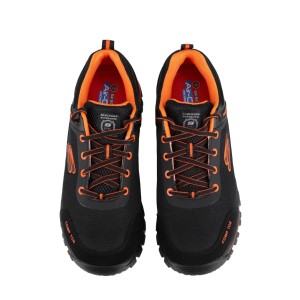 Skechers Sicherheitsschuhe Strigax Gatlon S3L für Herren, schwarz-orange, mit orangefarbenen Schnürsenkeln und Schutzkappe.