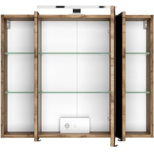 Held Möbel 3D-Spiegelschrank Bari 80 cm in Wotaneiche mit LED-Leuchte und Glasböden.