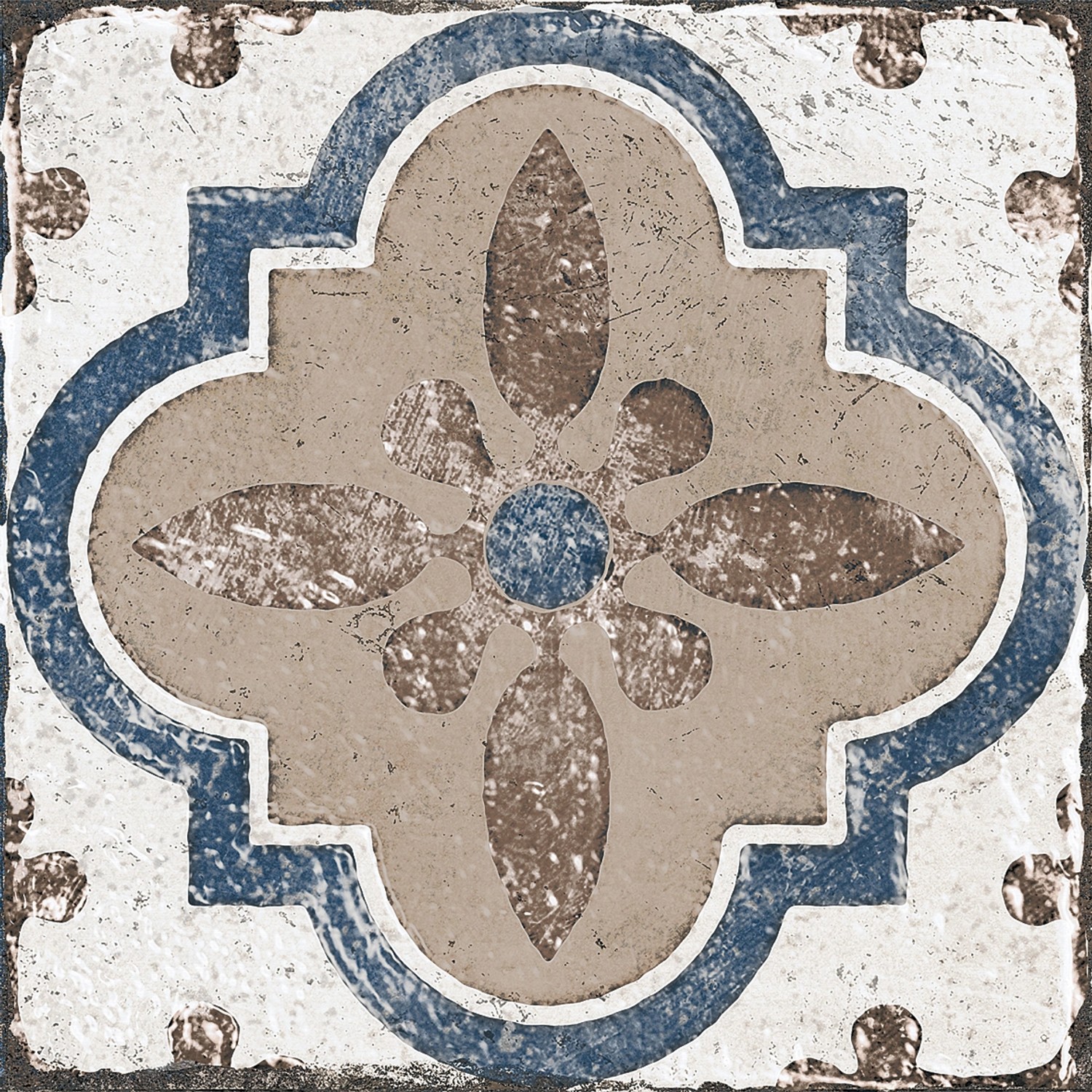 Quadratische, matte Bodenfliese aus Feinsteinzeug mit floralem Muster in Beige, Blau und Weiß, 20x20 cm.