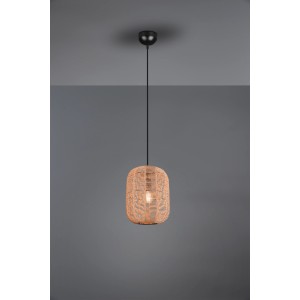Moderne Trio Pendelleuchte Runa, Ø 25 cm, schwarz matt mit braunem Sisal-Schirm.