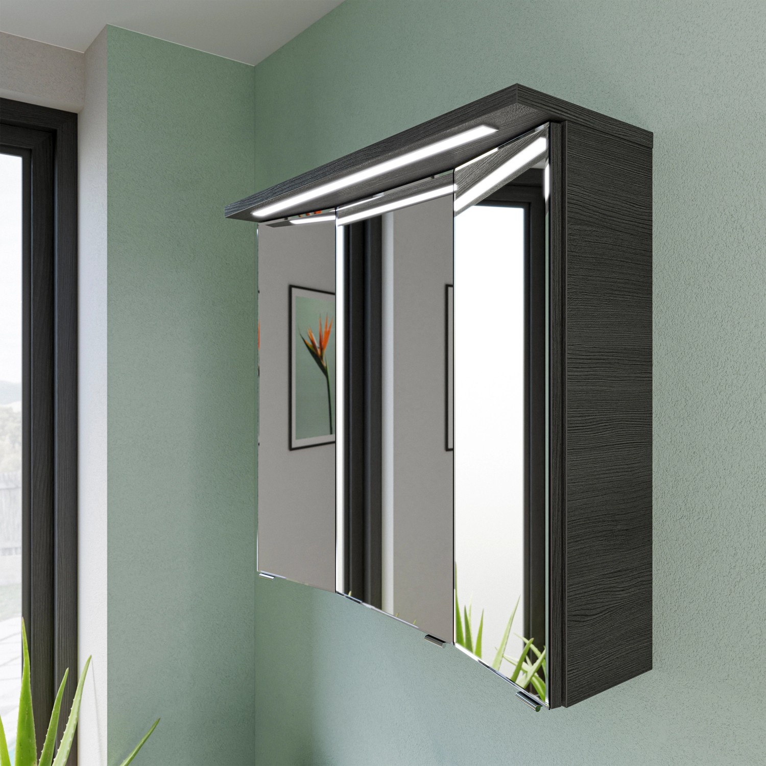 Pelipal Trentino Spiegelschrank, 80 cm, Graphit Struktur, mit LED-Beleuchtung und drei Spiegeltüren.