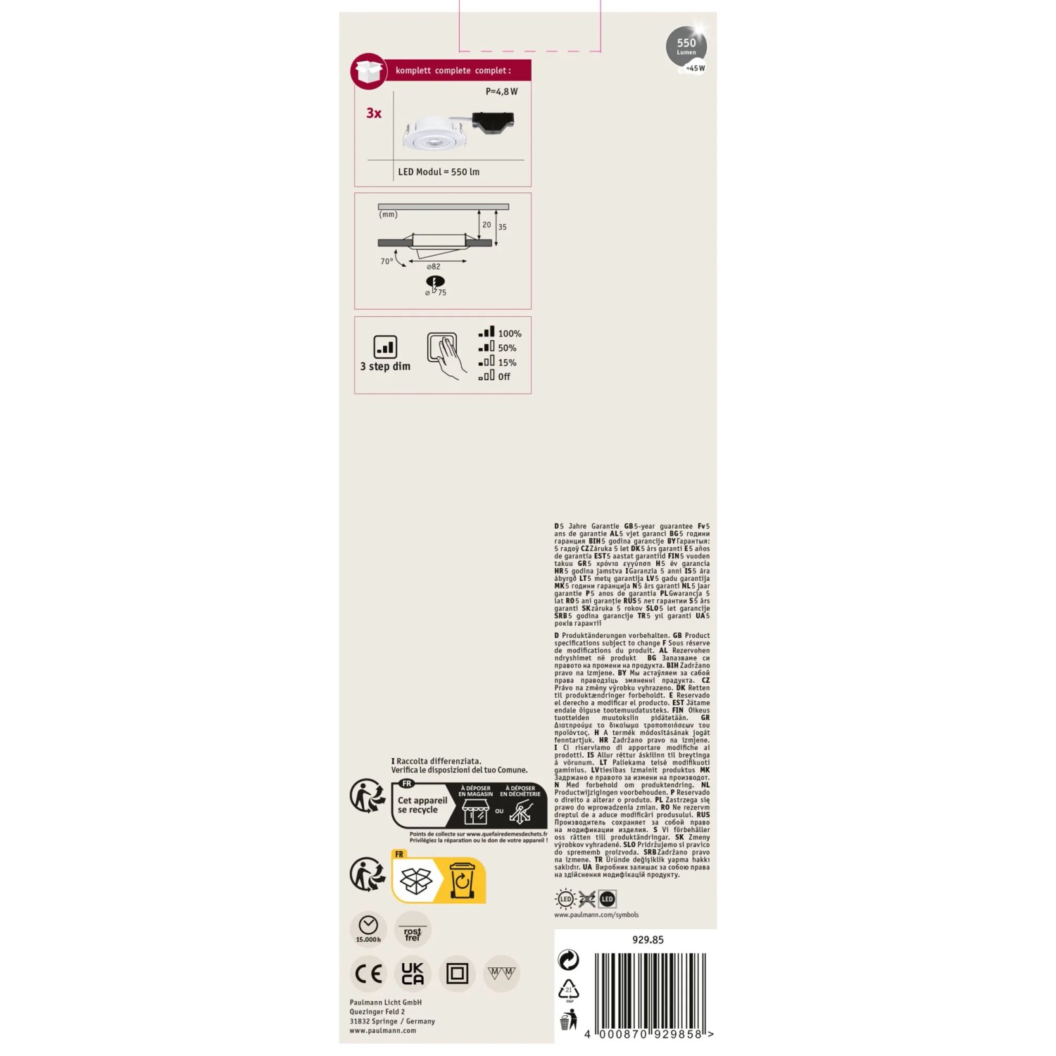 Verpackung des weißen Einbauleuchten-Sets mit 3 schwenkbaren LED-Spots, 3-Stufen-Dimmung, 3000K.
