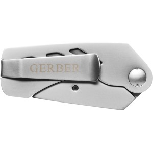Gerber EAB Lite Cuttermesser aus Edelstahl mit Taschenclip, geschlossen.
