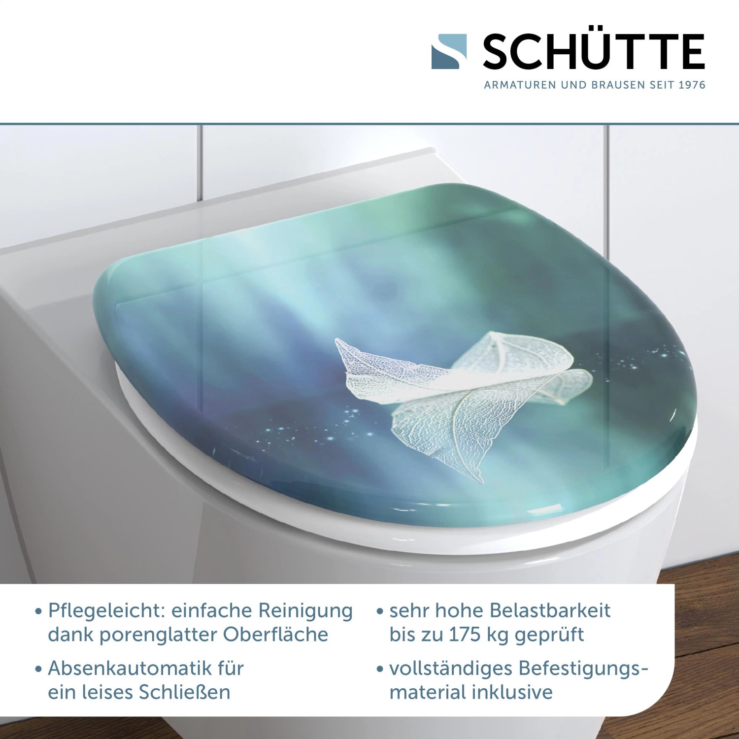 Schütte WC-Sitz Fallen Leaf Duroplast mit Absenkautomatik auf WC-Becken mit Blatt-Motiv.