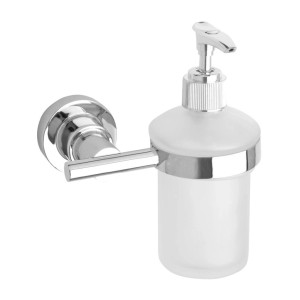 Nie Wieder Bohren Seifenspender Luup mit verchromter Wandhalterung und satiniertem Glas.