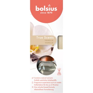 Bolsius True Scents Vanille Duftstäbchen 45ml im Glasflakon mit Duftstäben.