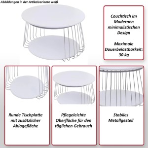 Weißer MCA Couchtisch P60 mit Metallgestell und runder MDF-Tischplatte mit Ablage.