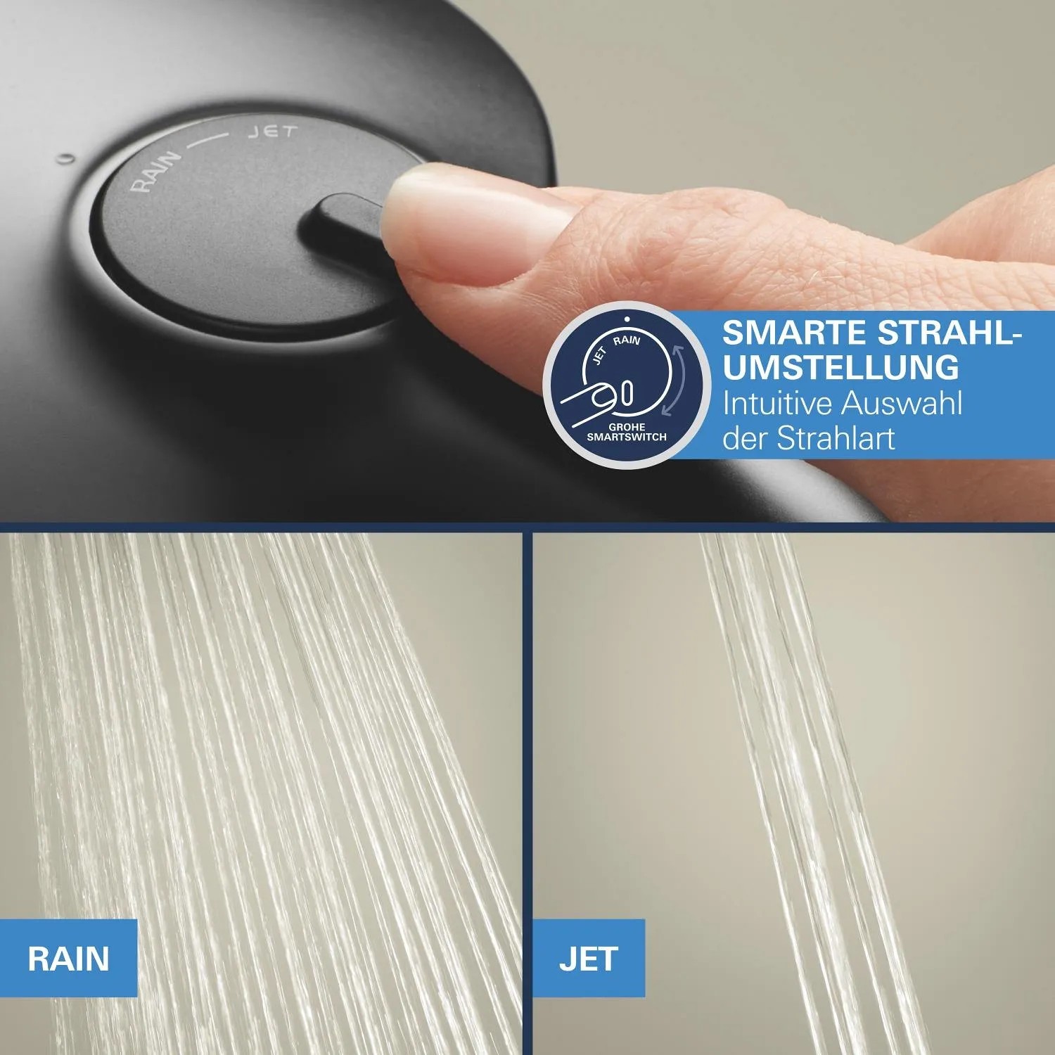 Grohe Precision Duschsystem: SmartSwitch zur intuitiven Strahlarten-Auswahl (Rain/Jet).