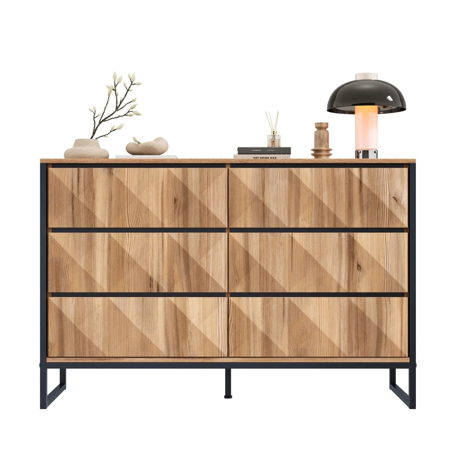 okwish Sideboard mit Metallbeinen Erhöhten Türen Wohnzimmer 120x40x80cm Schwarz Natur_9