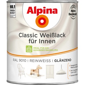Dose Alpina Classic Weißlack Reinweiß glänzend für Innen, geeignet für Holz, Metall und Kunststoff.