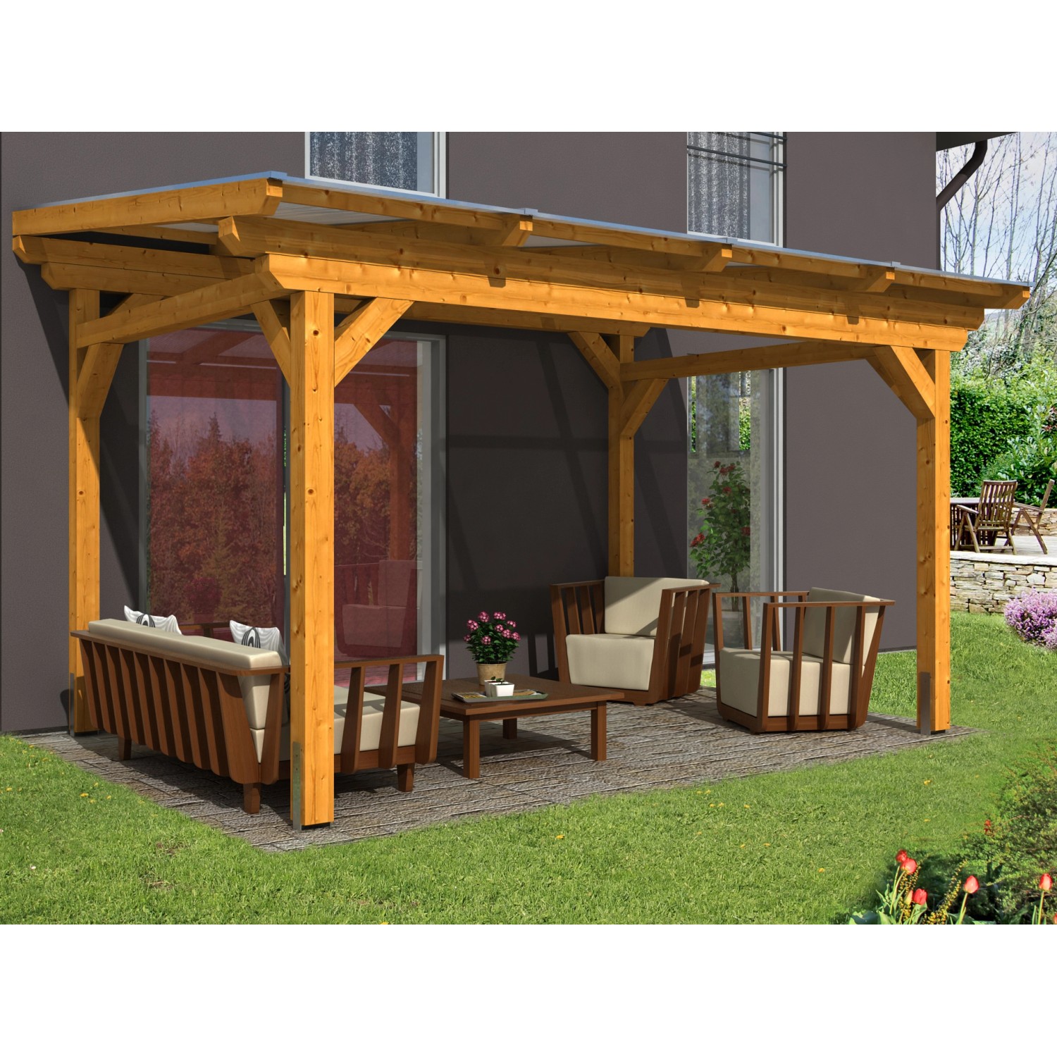 Freistehende Skan Holz Terrassenüberdachung Sanremo aus Leimholz in Eiche hell mit Polycarbonat-Doppelstegplatten.