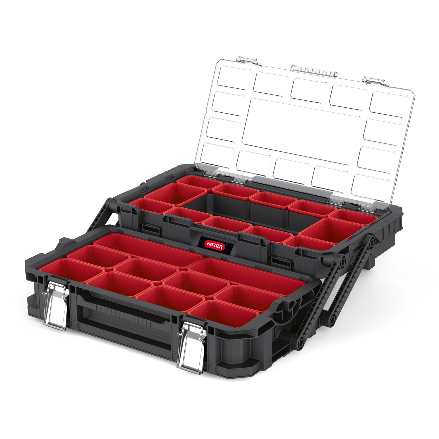 Offener Keter Connect Cantilever Organizer: Werkzeugkoffer mit roten Fächern und transparentem Deckel.
