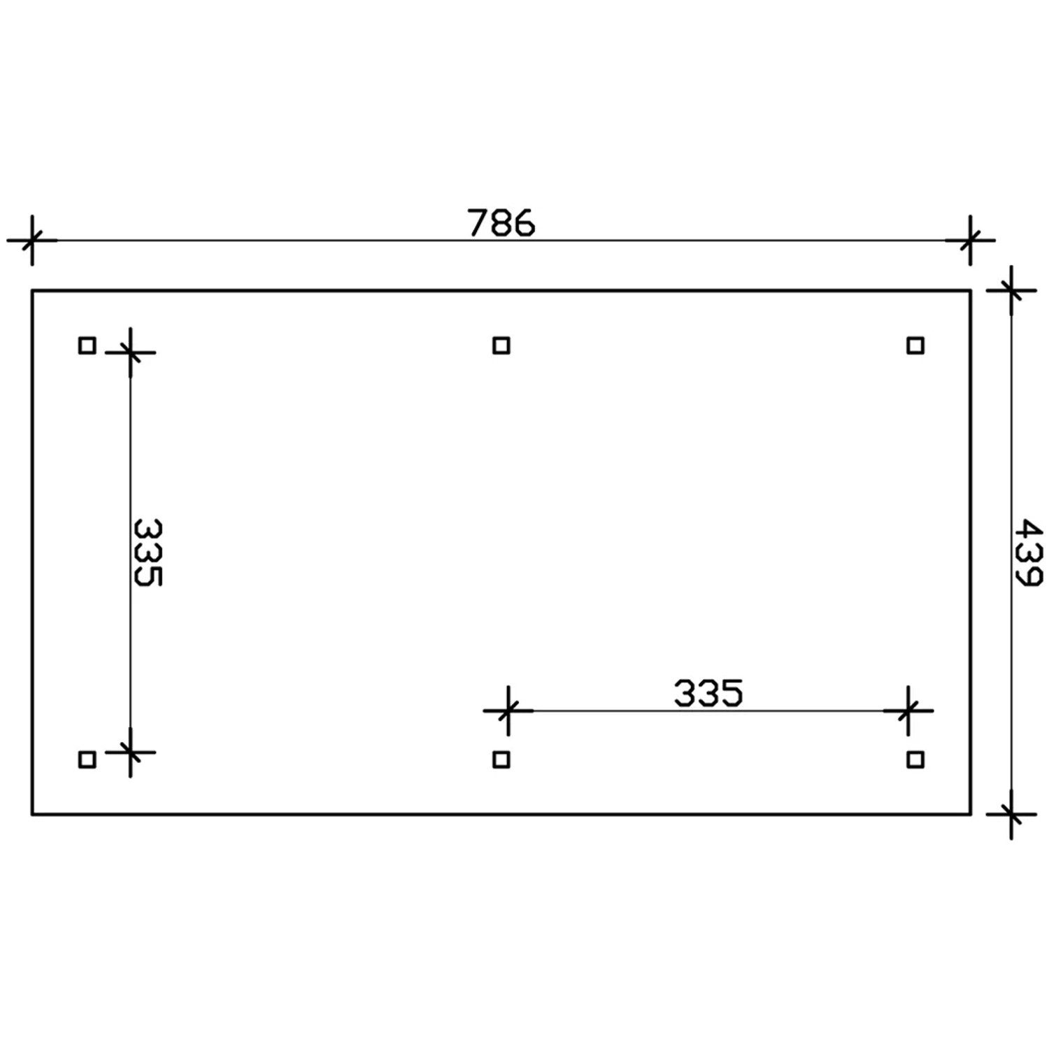 Skizze des Skan Holz Carport Taunus, 439 x 786 cm, Nussbaum, mit Maßangaben.
