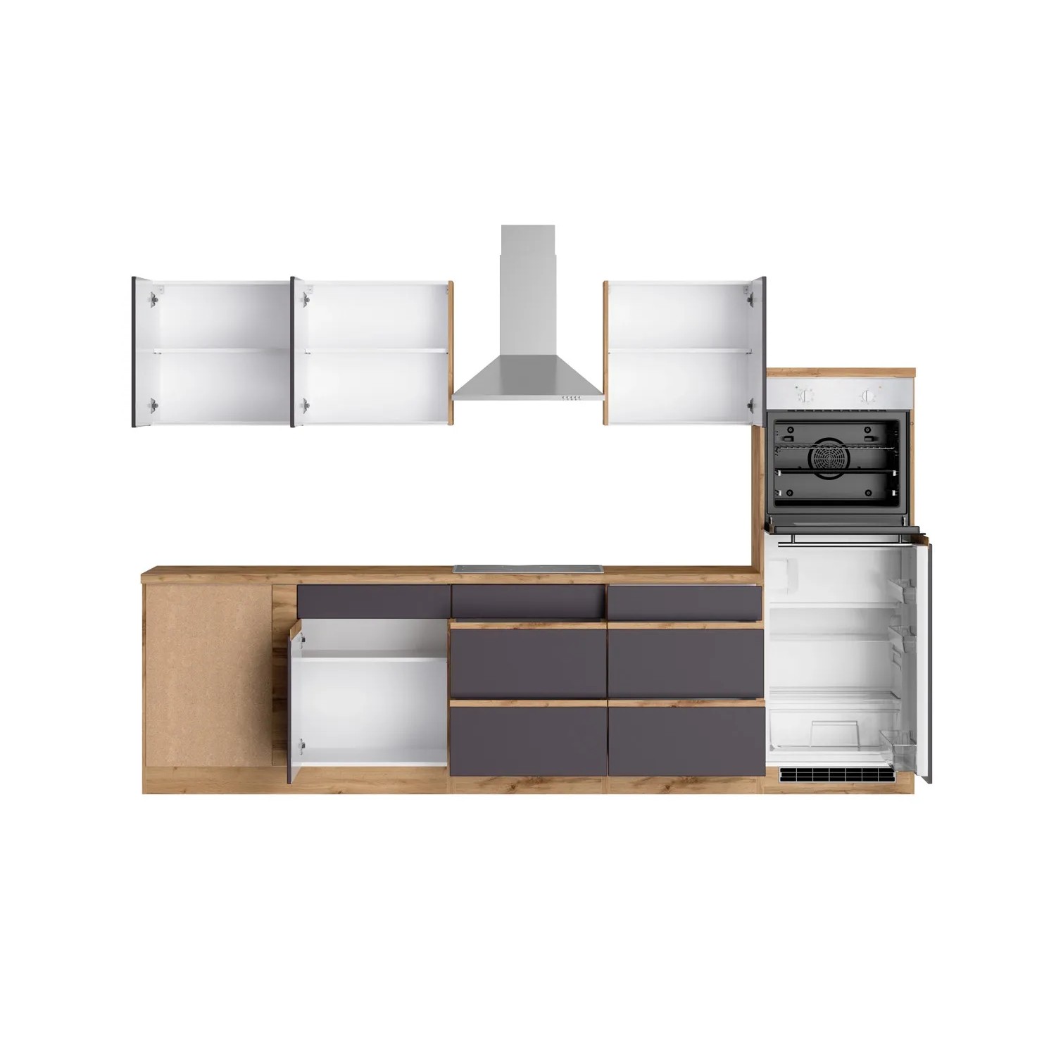 Moderne Winkelküche Turin in Graphit- und Wotaneiche-Optik mit E-Geräten.