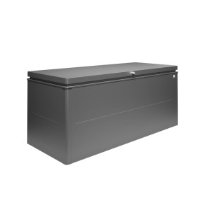 Dunkelgraue Biohort LoungeBox 200 Universalbox aus Metall, regenwasserdicht, mit Schloss für Sitzkissen.