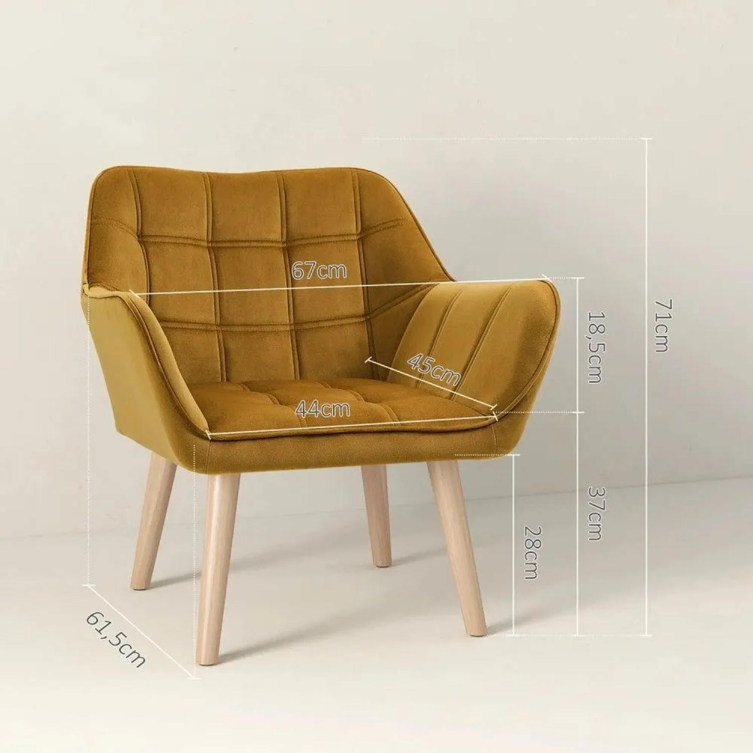 Gelber Loungesessel im Skandi-Design mit Samtbezug und Holzbeinen. Maße: 67L x 61,5B x 71H cm.