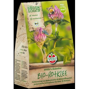 Sperli Gründünger Bio-Rotklee, 230g Packung mit Blüte, Schmetterling und Biene.