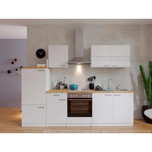 Respekta Küchenzeile KB270WW, 270 cm, Weiß mit Nussbaum Arbeitsplatte und Elektrogeräten.
