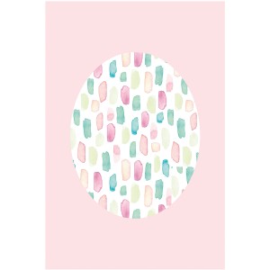 Komar Wandbild Shelly Rose, 50x70 cm, mit rosa Hintergrund und ovalem Muster aus bunten Pinselstrichen.