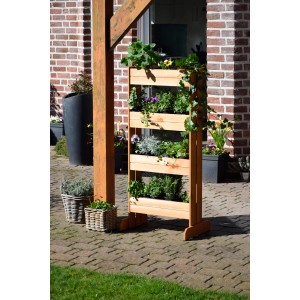 Hochbeet Pflanzbeet mit 4 Kästen aus Kiefernholz (FSC®), bepflanzt mit Kräutern und Blumen.