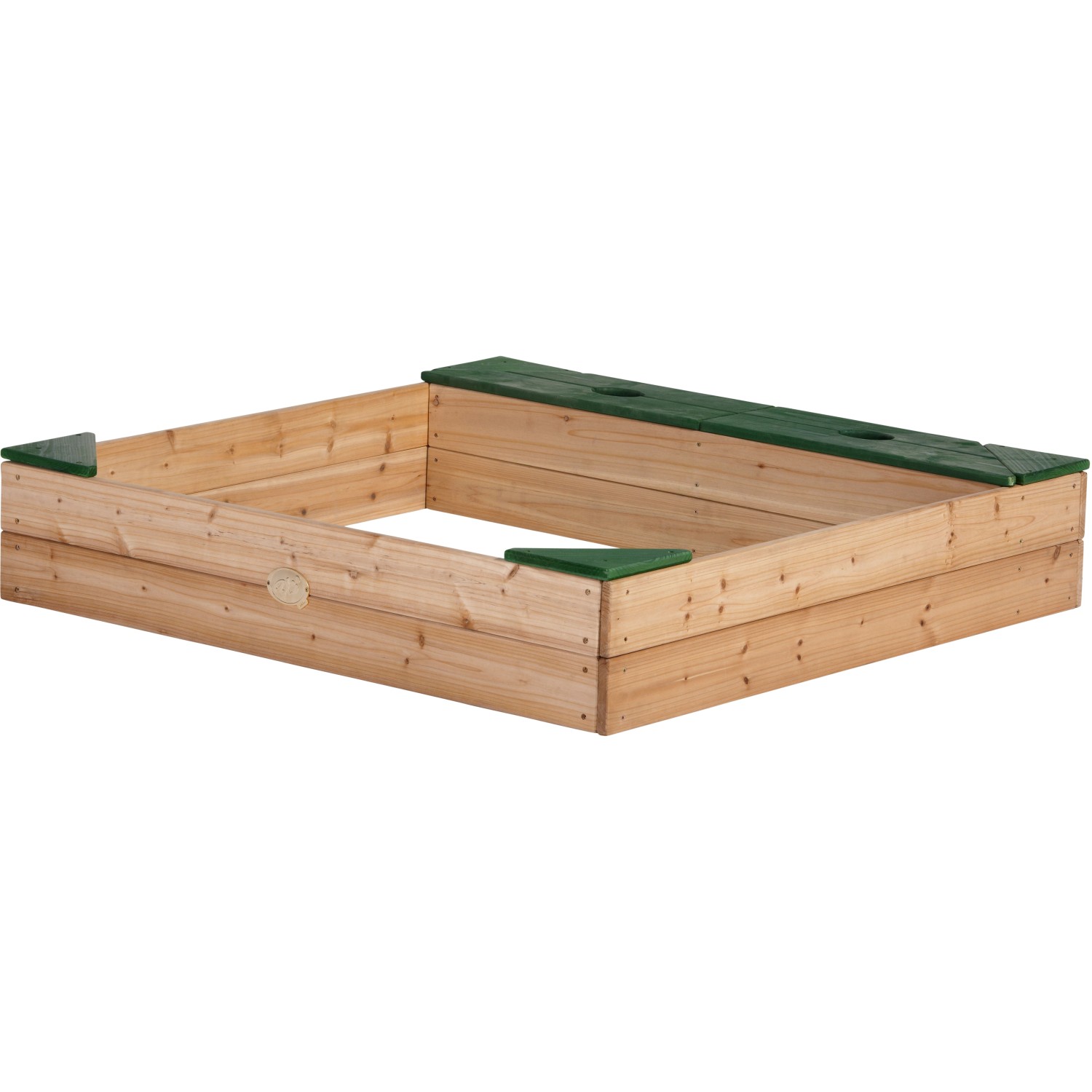Axi Sandkasten Amy aus FSC®-Holz mit grünem Deckel und Stauraum, 115x115 cm.