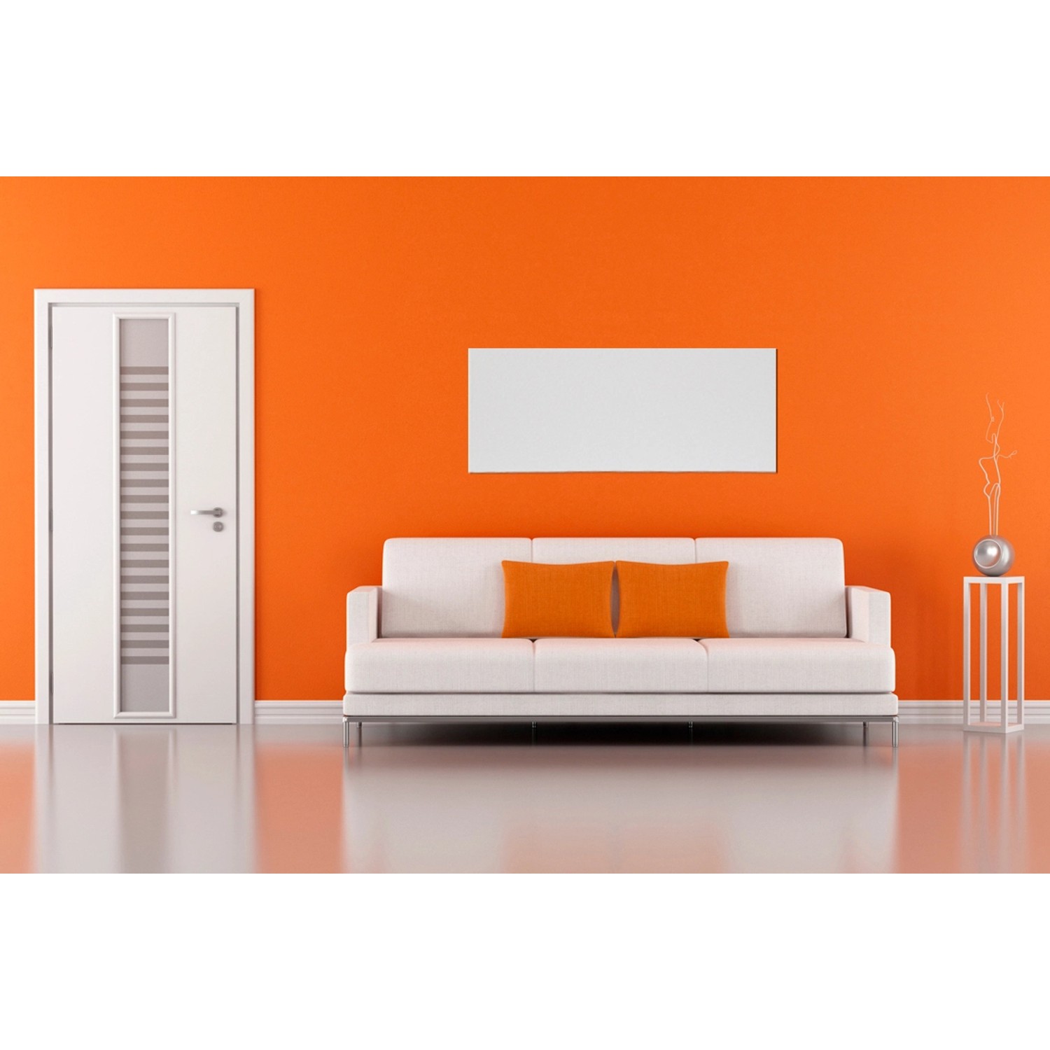 Weißes Infrarot-Heizpaneel HVH 900L Victory an orangefarbener Wand über Sofa.