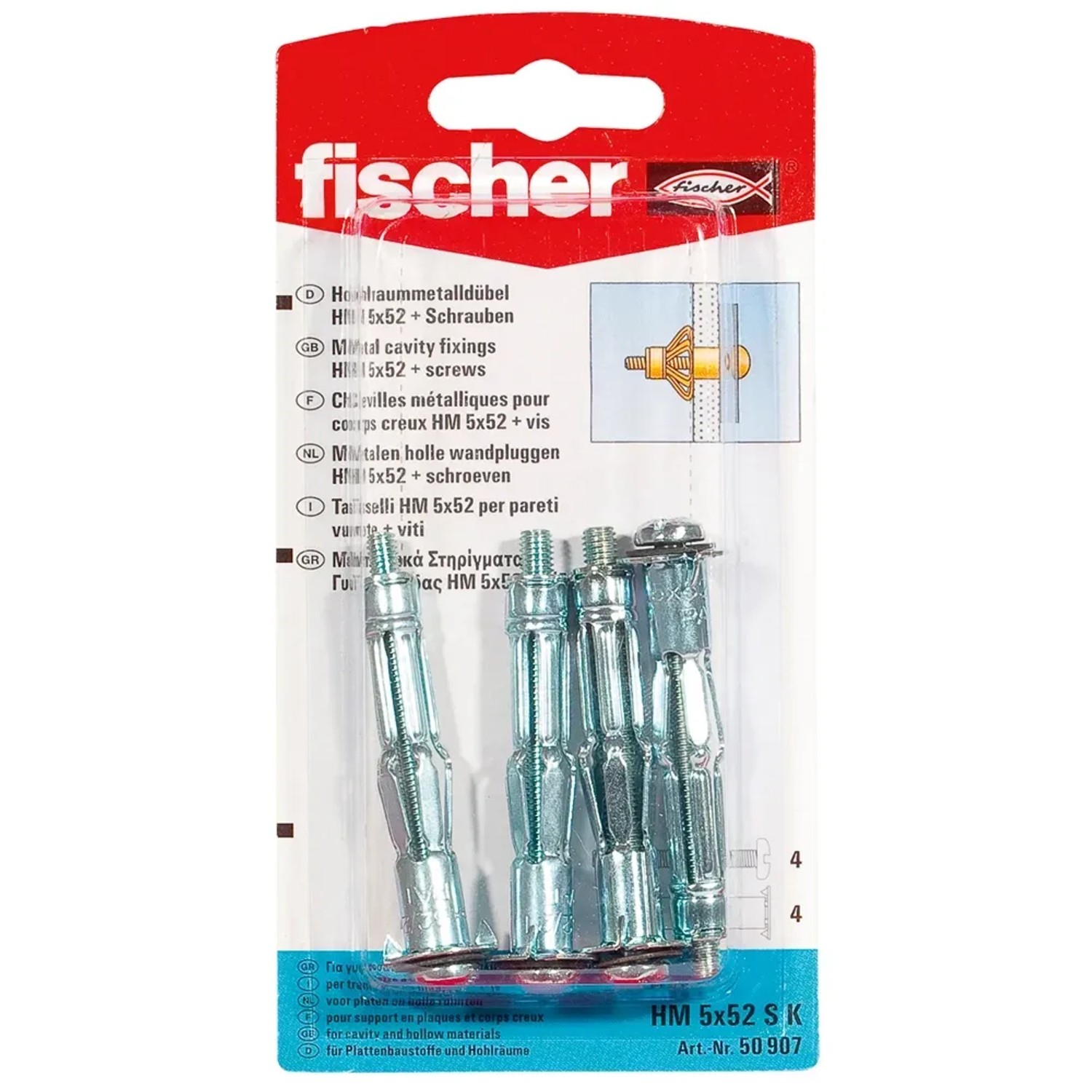 Fischer Hohlraumdübel HM 5x52 SK, 4 Stück, für sichere Befestigungen in Gipskarton und Hohldecken.