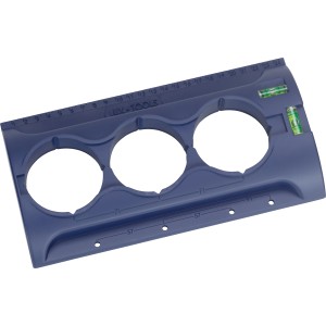 Blaue LUX Trockenbauschablone Classic mit 3 Löchern, Wasserwaage und Lineal zum Anzeichnen von Steckdosen.