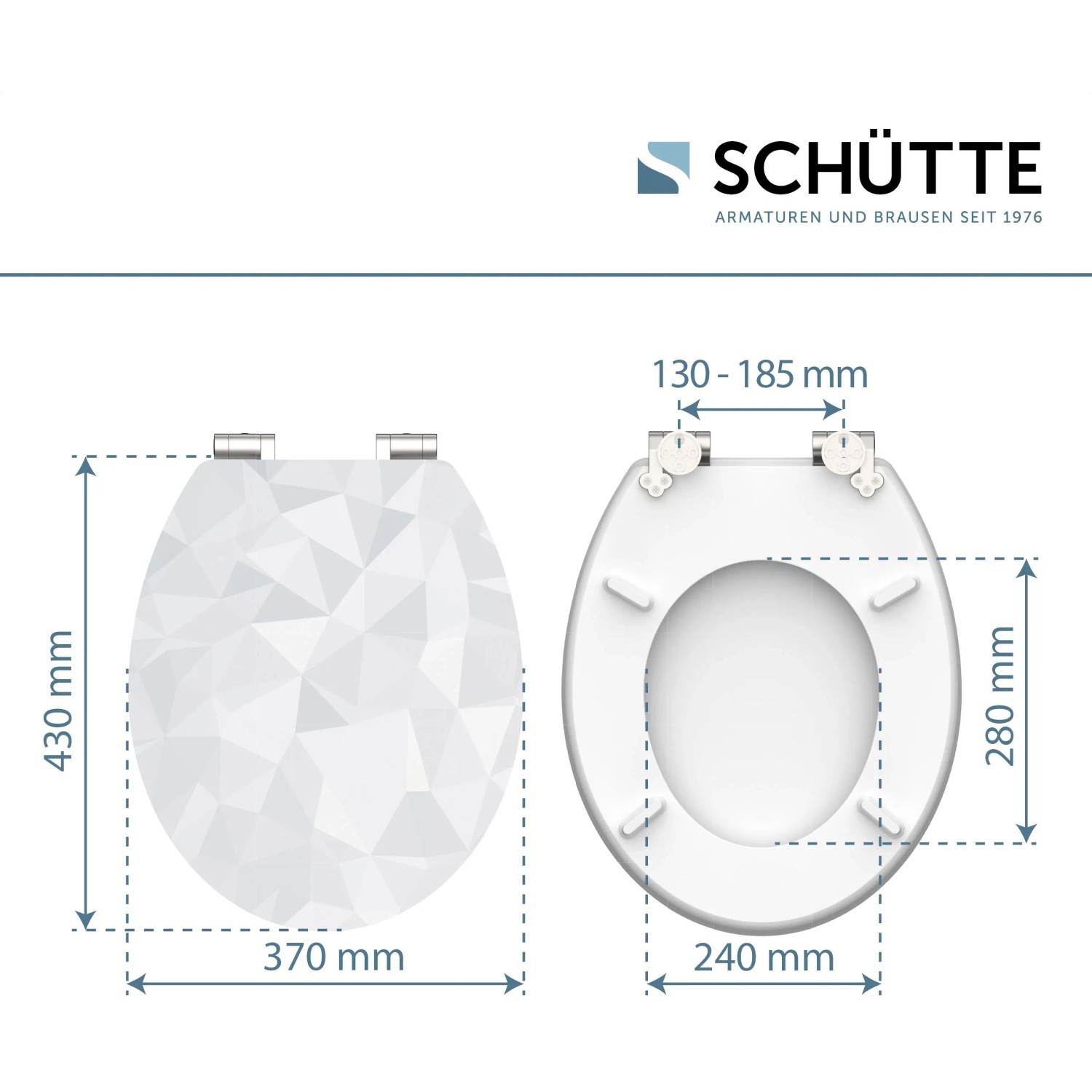 Schütte WC-Sitz Diamond mit Holzkern und Absenkautomatik, Ansicht von oben mit Maßangaben.