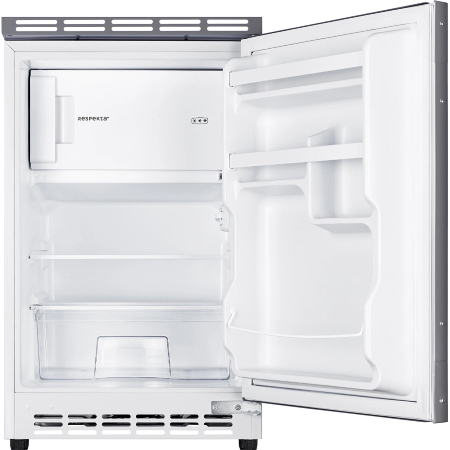 Offener Respekta Unterbau-Kühlschrank für Single-Küche, Innenraum mit Fächern und Schublade.
