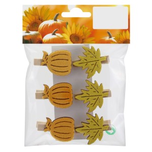 Holzklammern mit Kürbis- und Blattmotiven, 6er-Set, ideal für Herbstdeko.