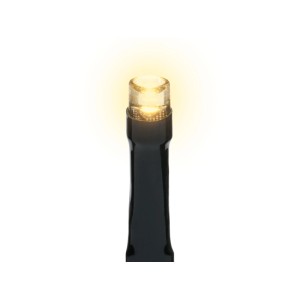 Nahaufnahme einer leuchtenden warmweißen LED einer LV 700L Außen-Lichterkette mit schwarzem Kabel.