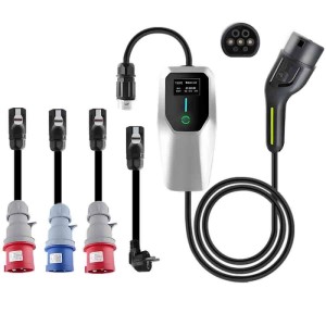 Junsun mobiles EV Ladegerät Set: graue Steuereinheit, Typ 2 Kabel, 4 farbige Adapter für E-Autos.