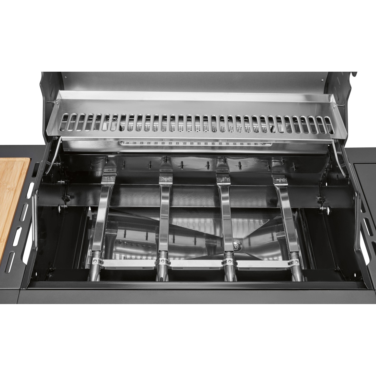 Innenansicht Jamestown Gasgrill KNOX Master Class mit 4 Brennern und Edelstahl-Warmhalterost.