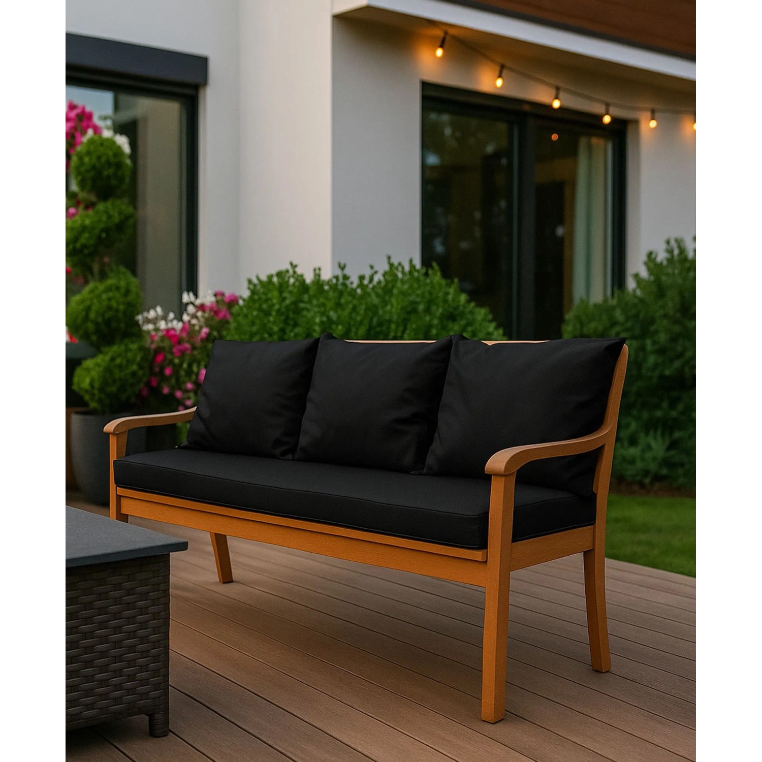 Schwarzes Setgarden Bankkissen für 3-Sitzer Gartenbank, 160x50 cm + 3 Rückenkissen.