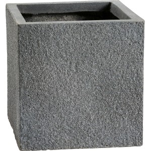 Anthrazitfarbener, eckiger Pflanztopf (24x24x24,5 cm) mit rauer Oberfläche.