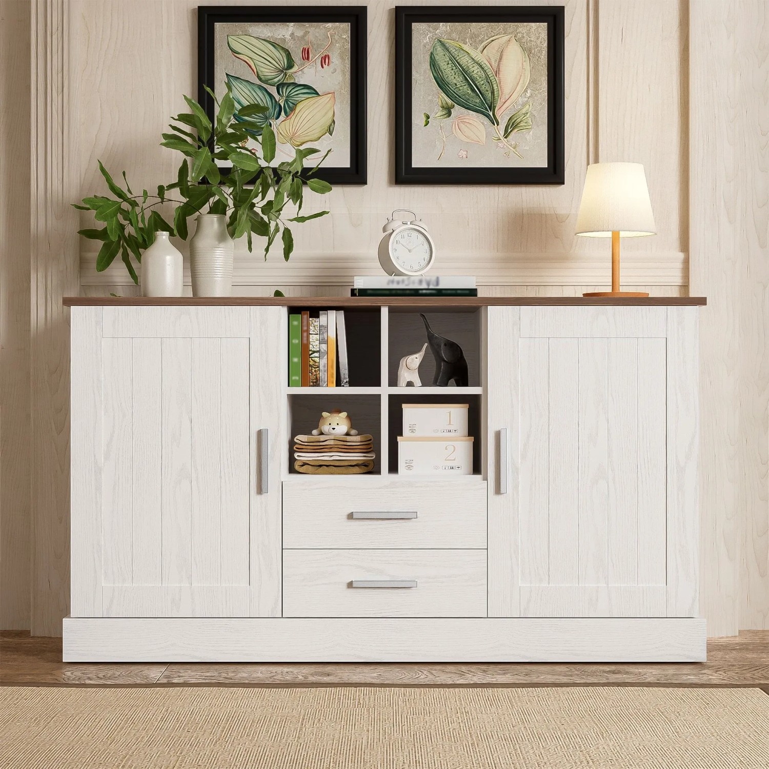 okwish Sideboard mit 2 Türen 2 Schubladen Wohnzimmer 140x40x79cm Weiß_2