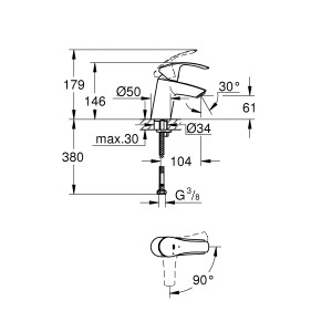 Technische Zeichnung: Grohe Eurosmart S-Size Waschtischarmatur, Maße und Details.