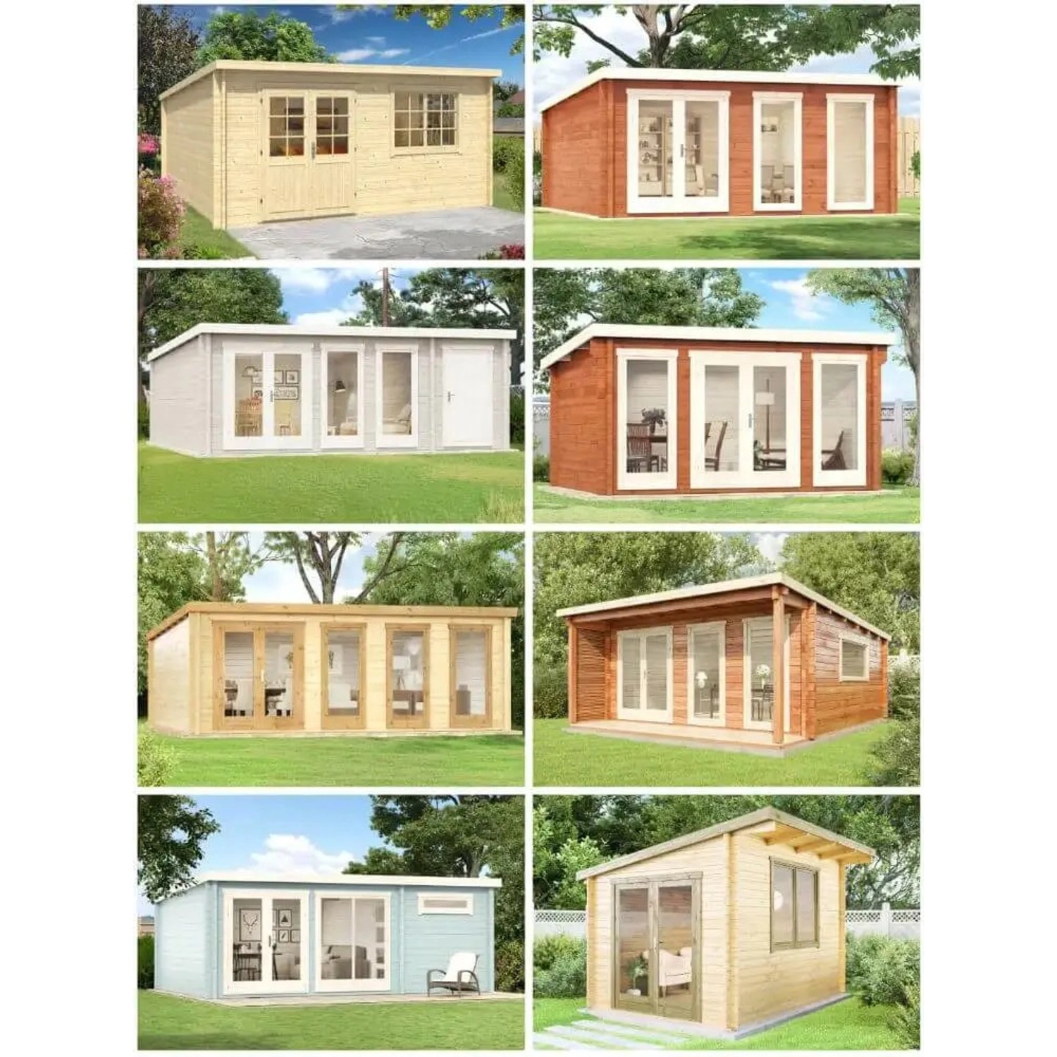 Collage verschiedener Carlsson Gartenhäuser mit Pultdach aus Holz, unbehandelt.